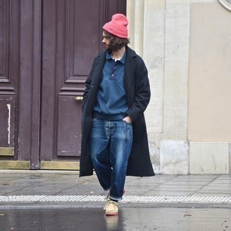 Pink Beanie Outfits For Men: A black overcoat and a pink beanie are the kind of a fail-safe off-duty outfit that you need when you have no time. Beige suede desert boots are a simple way to add a little kick to the look.