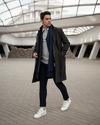 Navy Scarf Outfits For Men: A dark green overcoat and a navy scarf are absolute menswear must-haves that will integrate nicely within your off-duty wardrobe. For extra style points, introduce a pair of white canvas low top sneakers to the equation.