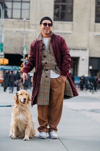 Burgundy Raincoat Outfits For Men: To assemble an off-duty look with a modern twist, choose a burgundy raincoat and tobacco chinos. And if you need to immediately dial down your getup with one single piece, introduce a pair of white athletic shoes to your ensemble.