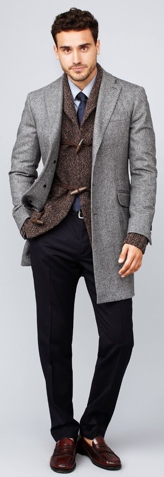 Dark Brown Shawl Cardigan Outfits For Men: You're looking at the definitive proof that a dark brown shawl cardigan and navy dress pants are awesome when married together in a sophisticated ensemble for today's gentleman. A pair of burgundy leather loafers can integrate brilliantly within many looks.