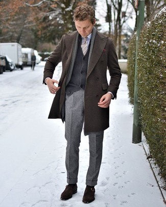 Charcoal Wool Dress Pants Outfits For Men: Consider teaming a dark brown overcoat with charcoal wool dress pants if you're aiming for a neat, stylish look. Dark brown suede monks are an effective way to add a little kick to the look.