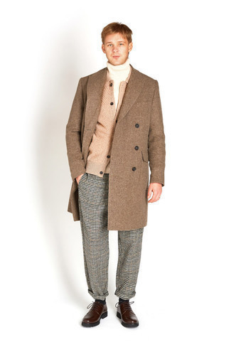 Men's Brown Overcoat, Tan Shawl Cardigan, White Wool Turtleneck, Grey Houndstooth Wool Chinos