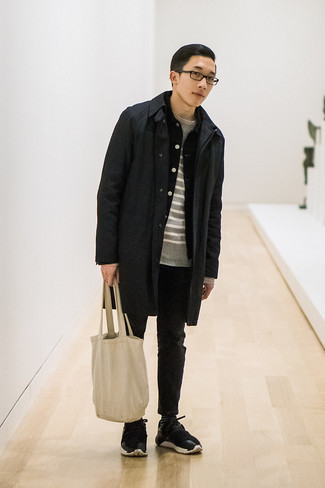Charcoal Overcoat Outfits: A charcoal overcoat and black jeans are a good combo that will earn you the proper amount of attention. Rounding off with black and white athletic shoes is an easy way to inject an easy-going feel into this ensemble.