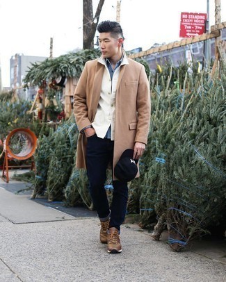 White Shirt Jacket Outfits For Men: If you don't like trying too hard looks, choose a white shirt jacket and navy jeans. Let your outfit coordination savvy really shine by finishing your outfit with brown athletic shoes.