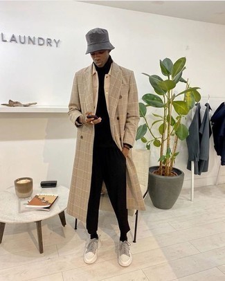 Charcoal Bucket Hat Outfits For Men: A camel plaid overcoat and a charcoal bucket hat are the ideal way to inject played down dapperness into your casual styling lineup. Want to go all out in the footwear department? Introduce grey canvas low top sneakers to the mix.
