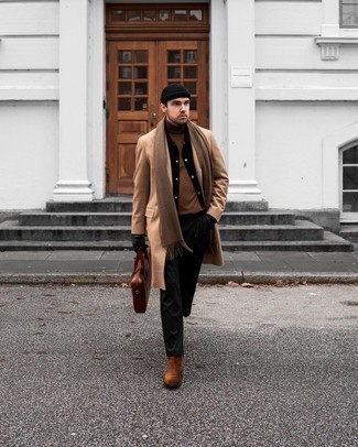 Brown Leather Briefcase Outfits: Reach for a camel overcoat and a brown leather briefcase for an easy-to-achieve menswear style. Infuse a dash of class into your ensemble by wearing a pair of tobacco suede chelsea boots.