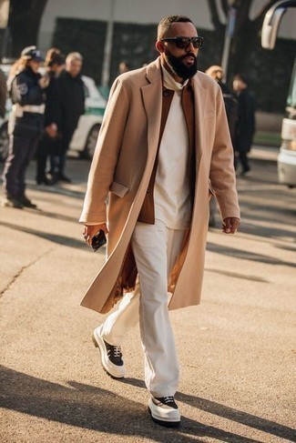 White Corduroy Chinos Outfits: A camel overcoat and white corduroy chinos worn together are a wonderful match. To introduce a more laid-back finish to your look, add a pair of dark brown canvas work boots to the equation.