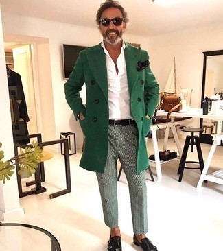 Green Overcoat Outfits: This semi-casual combination of a green overcoat and mint print chinos is very easy to throw together in no time flat, helping you look amazing and prepared for anything without spending too much time going through your closet. For footwear, follow a more elegant route with a pair of black leather double monks.