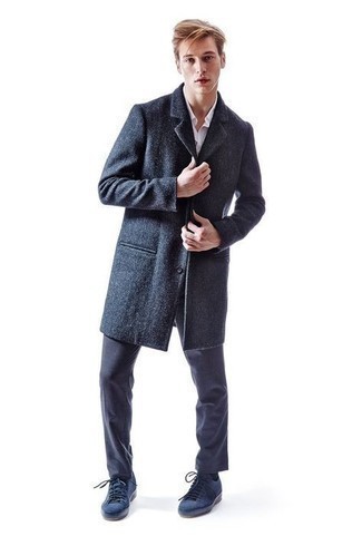 Charcoal Overcoat Outfits: If the setting calls for an elegant yet cool getup, you can rock a charcoal overcoat and navy chinos. Feeling venturesome? Mix things up a bit with navy suede low top sneakers.