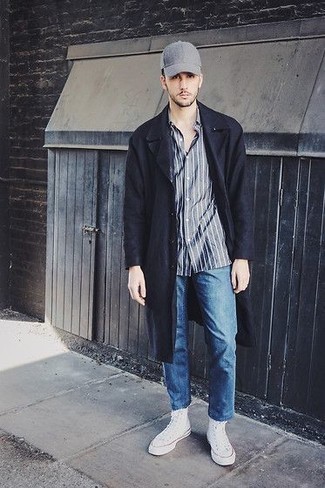 Men's Navy Overcoat, Blue Vertical Striped Short Sleeve Shirt, Blue Jeans, White Canvas High Top Sneakers