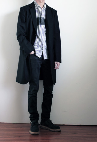 Men's Black Overcoat, White and Navy Vertical Striped Short Sleeve Shirt, Black Jeans, Black Suede Derby Shoes
