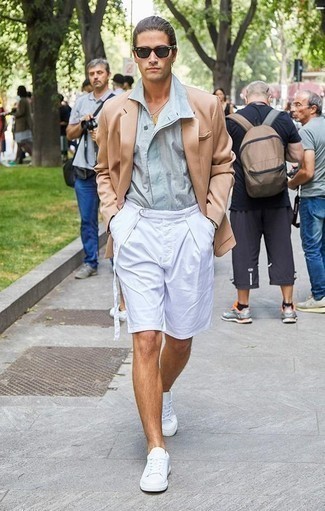 Camel Overcoat Summer Outfits: This pairing of a camel overcoat and white shorts is hard proof that a safe ensemble doesn't have to be boring. Bump up this getup by rocking a pair of white leather low top sneakers. So if it's a roasting hot warm weather afternoon and you want to look dapper without putting too much effort, this ensemble will do the job in no time flat.