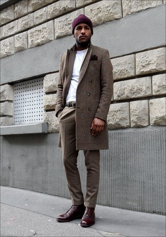 Men's Brown Plaid Overcoat, Brown Suit, White Crew-neck T-shirt, Burgundy Leather Dress Boots
