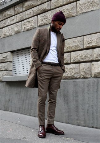 Men's Brown Plaid Overcoat, Brown Suit, White Crew-neck T-shirt, Burgundy Leather Dress Boots