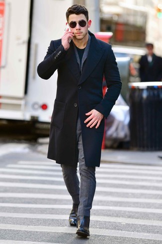 Grey Wool Suit Dressy Outfits: Consider wearing a grey wool suit and a black overcoat and you're bound to make an entrance. Go off the beaten track and break up your outfit by finishing with black leather chelsea boots.