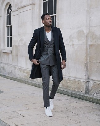 Men's Navy Overcoat, Charcoal Suit, White Crew-neck T-shirt, White Canvas Low Top Sneakers