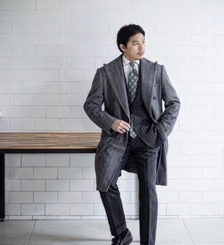 Charcoal Herringbone Overcoat Outfits: Marrying a charcoal herringbone overcoat with a black vertical striped wool suit is a wonderful choice for a stylish and refined outfit. When it comes to footwear, this look is completed well with black leather monks.
