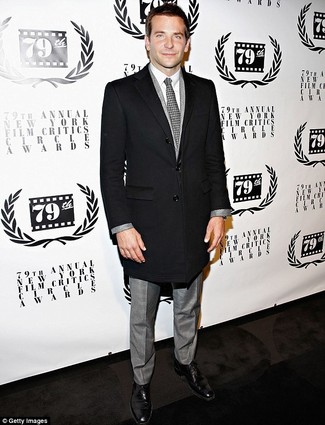 Bradley Cooper wearing Black Overcoat, Grey Plaid Suit, White Dress Shirt, Black Leather Brogues