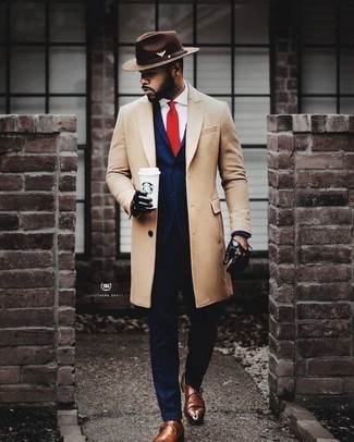 Brown Wool Hat Outfits For Men: To pull together a laid-back look with a modern twist, pair a beige overcoat with a brown wool hat. Kick up the classiness of your outfit a bit by wearing a pair of brown leather monks.