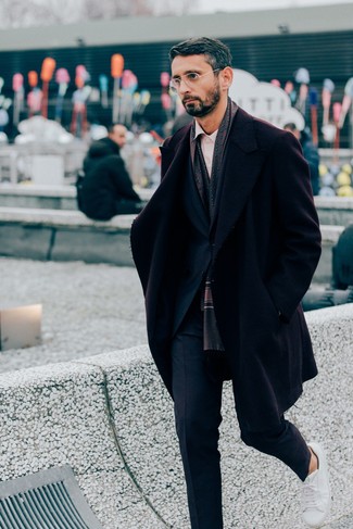 Burgundy Overcoat Outfits: A burgundy overcoat and a navy suit are among the basic elements of a good menswear collection. Finishing off with white leather low top sneakers is the simplest way to add an easy-going feel to this look.