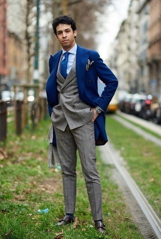 Charcoal Scarf Outfits For Men: A blue overcoat and a charcoal scarf are wonderful menswear must-haves that will integrate perfectly within your current casual collection. Complement this look with a pair of dark brown leather double monks to kick things up to the next level.