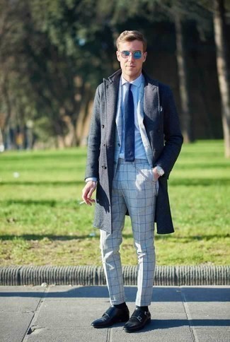 Light Blue Sunglasses Outfits For Men: A navy overcoat and light blue sunglasses have become a favorite casual combo for many stylish gents. Complete this ensemble with a pair of black leather double monks to switch things up.