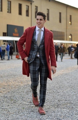 Men's Red Overcoat, Grey Plaid Suit, White Dress Shirt, Red Suede Brogues