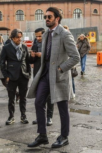 Violet Print Tie Outfits For Men: We love how this combination of a grey plaid overcoat and a violet print tie immediately makes you look sharp and refined. The whole ensemble comes together wonderfully when you finish off with a pair of black leather derby shoes.