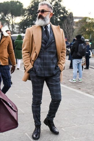 Navy Plaid Suit Outfits: This combo of a navy plaid suit and a camel overcoat couldn't possibly come across other than ridiculously dapper and polished. Inject a more casual twist into your outfit by slipping into black leather casual boots.