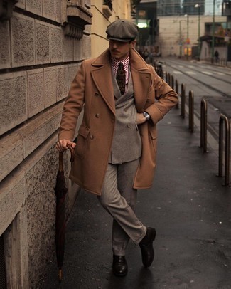 Men's Camel Overcoat, Grey Suit, White and Red Vertical Striped Dress Shirt, Black Leather Loafers