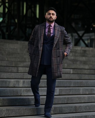 Charcoal Plaid Overcoat Outfits: This combo of a charcoal plaid overcoat and a navy suit is a safe option when you need to look truly elegant. Navy suede double monks will be the perfect addition for this outfit.