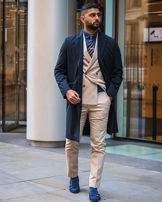 Navy and White Horizontal Striped Tie Outfits For Men: This sophisticated combination of a navy overcoat and a navy and white horizontal striped tie is a must-try ensemble for any gent. For something more on the relaxed side to round off your getup, complement your ensemble with blue suede double monks.