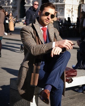 Red Check Tie Outfits For Men: For an outfit that's absolutely wow-worthy, consider teaming a brown overcoat with a red check tie. Tobacco leather oxford shoes are a nice option to complete your look.