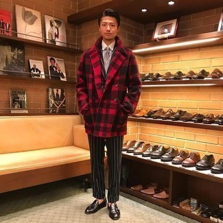 Red Plaid Overcoat Outfits: A red plaid overcoat and a black and white vertical striped suit are a truly dapper look to try. Let your outfit coordination sensibilities really shine by finishing off your outfit with black leather tassel loafers.