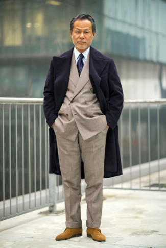 Tobacco Suede Monks Outfits: Consider pairing a navy overcoat with a beige vertical striped suit if you're going for a proper, trendy getup. And if you want to immediately dial down your look with a pair of shoes, add tobacco suede monks to this outfit.