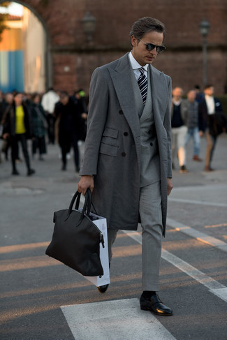 Men's Grey Overcoat, Grey Suit, White Dress Shirt, Black Leather Loafers