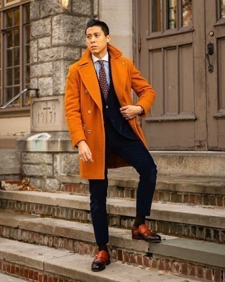 Men's Orange Overcoat, Navy Corduroy Suit, White and Blue Vertical Striped Dress Shirt, Tobacco Leather Double Monks