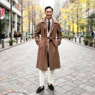 Dark Brown Plaid Overcoat Outfits: We love the way this pairing of a dark brown plaid overcoat and a white suit instantly makes a man look polished and smart. When in doubt as to the footwear, introduce dark brown suede tassel loafers to the equation.