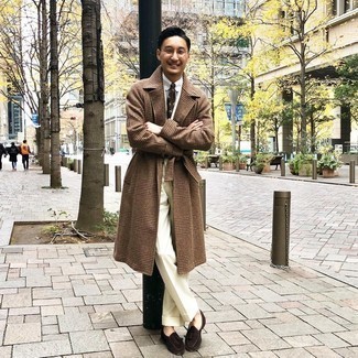 Dark Brown Plaid Overcoat Outfits: Teaming a dark brown plaid overcoat and a white suit will be a good demonstration of your outfit coordination savvy. Complement your ensemble with dark brown suede tassel loafers for maximum effect.