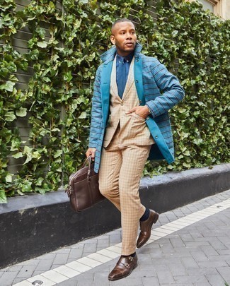 Blue Knit Tie Outfits For Men: To look like a stylish dandy at all times, go for an aquamarine plaid overcoat and a blue knit tie. When it comes to shoes, this look is completed nicely with brown leather double monks.
