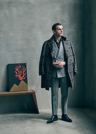 Navy Check Overcoat Outfits: This combo of a navy check overcoat and a grey wool suit couldn't possibly come across other than outrageously stylish and elegant. Complete this outfit with a pair of navy leather oxford shoes for maximum impact.