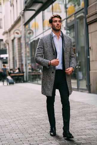 Grey Herringbone Overcoat Outfits: This polished pairing of a grey herringbone overcoat and a black suit is truly a statement-maker. Black leather double monks are the ideal accompaniment to your look.