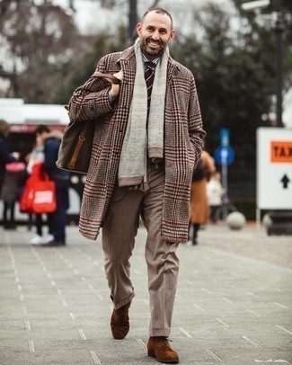 Men's Multi colored Houndstooth Overcoat, Tan Suit, White and Navy Vertical Striped Dress Shirt, Brown Suede Oxford Shoes