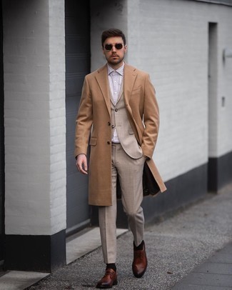 White and Blue Vertical Striped Dress Shirt Cold Weather Outfits For Men: Pairing a white and blue vertical striped dress shirt with a camel overcoat is a savvy idea for a classic and elegant ensemble. When it comes to footwear, this look pairs nicely with brown leather derby shoes.