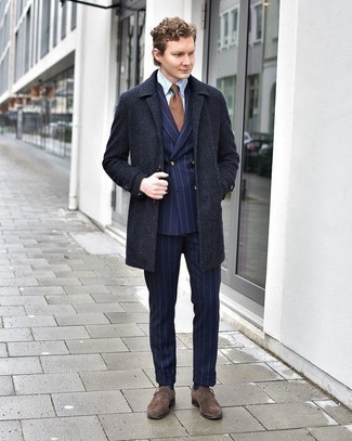 Brown Suede Monks Outfits: Pairing a charcoal overcoat with a navy vertical striped suit is a savvy idea for a sharp and refined ensemble. Let your outfit coordination sensibilities really shine by complementing this ensemble with brown suede monks.