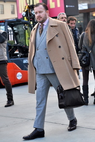 Dark Brown Leather Double Monks Dressy Outfits: Marrying a camel overcoat with a grey suit is a great idea for a dapper and refined look. For something more on the off-duty side to finish your look, complement your outfit with dark brown leather double monks.