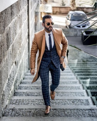 Navy Check Suit Outfits: Pair a navy check suit with a camel overcoat to look like a British gent. If you're wondering how to round off, a pair of brown leather oxford shoes is a winning option.