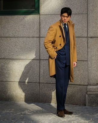 Dark Brown Suede Double Monks Outfits: Combining a tobacco overcoat and a navy vertical striped suit will cement your outfit coordination expertise. Complete your ensemble with a pair of dark brown suede double monks and the whole outfit will come together.