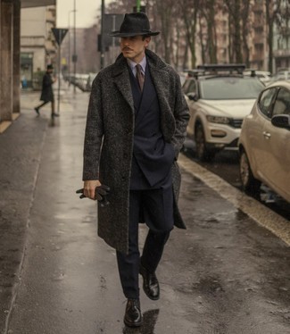 Charcoal Overcoat Dressy Outfits: A charcoal overcoat and a navy suit are a classy outfit that every modern man should have in his closet. Finish off your ensemble with black leather derby shoes for a modern hi-low mix.