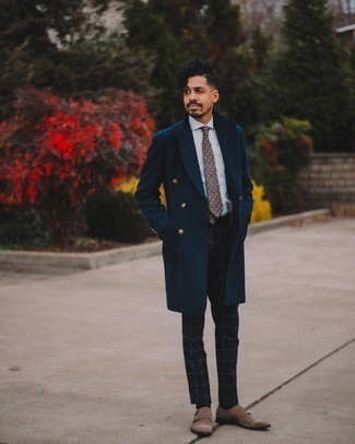 Dark Brown Tie Outfits For Men: For a look that's elegant and totally gasp-worthy, rock a navy overcoat with a dark brown tie. Feeling transgressive? Play down this getup by finishing off with brown suede double monks.